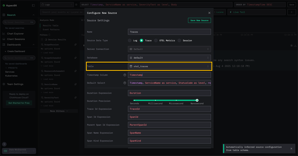 HyperDX create trace source
